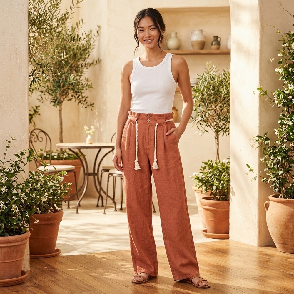Veronica Beard Karter Pants Womens 6 Mocha Cotton Linen Paperbag Rope Belt NWT